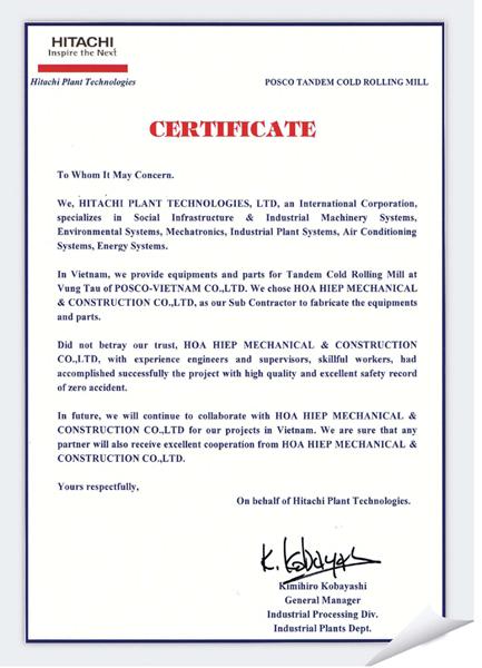 Hitachi Certificate